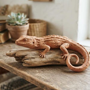 Puede incluir: Una figura de lagarto color terracota con una superficie texturizada y rugosa, con la cola enroscada, descansando sobre un trozo de madera flotante desgastada. El lagarto muestra ojos detallados y escamas visibles sobre la madera.