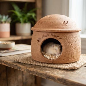 May include: A dome-shaped terracotta hamster hideout with a textured surface, featuring a circular entrance, a paw print icon, and the engraved text "Milo's Hideout". A small light-coloured hamster is sleeping inside on a bed of wood shavings.