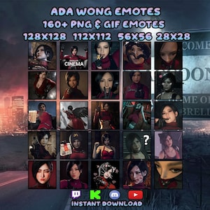 Może przedstawiać: Cyfrowa kolekcja emotikon Ada Wong zawierająca ponad 160 plików PNG i GIF w rozmiarach 128x128, 112x112, 56x56 oraz 28x28 pikseli. Siatka przedstawia różne pozy i wyrazy twarzy, z napisami ADA WONG EMOTES oraz INSTANT DOWNLOAD.
