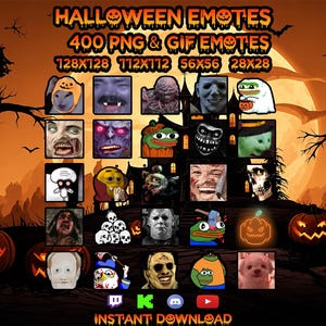 Peut inclure: Une collection numérique d'emotes d'Halloween comprenant 400 fichiers PNG et GIF aux formats 128x128, 112x112, 56x56 et 28x28. Le graphique présente diverses icônes de personnages d'horreur, des crânes et des citrouilles sur fond orange.