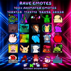 Könnte beinhalten: Eine digitale Sammlung von über 100 animierten Emotes mit dem Titel RAVE EMOTES, die verschiedene bunte Charaktere und Symbole in einem Raster zeigt. Der Text enthält 128x128, 112x112, 56x56, 28x28 und INSTANT DOWNLOAD mit Twitch-, Kick-, Discord- und YouTube-Symbolen.