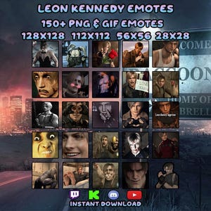 May include: A digital collection of 150+ PNG and GIF emotes featuring Leon Kennedy, displayed in a grid. Text includes LEON KENNEDY EMOTES, 150+ PNG & GIF EMOTES, 128x128, 112x112, 56x56, 28x28, WELCOME TO RACCOON CITY, HOME OF UMBRELLA, and INSTANT DOWNLOAD.