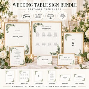 Bewerkbaar pakket met botanische trouwtafeldecoratie, plattegrond, menu en naamkaartjes (digitale download)