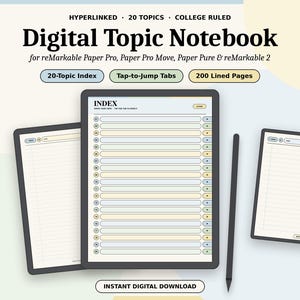 Könnte beinhalten: Ein digitales Themen-Notizbuch für reMarkable Paper Pro, Paper Pro Move, Paper Pure und reMarkable 2. Das Display zeigt eine Indexseite mit 20 verlinkten Themen, interaktiven Tabs und 200 linierten Seiten. Ein Eingabestift liegt neben dem Tablet.
