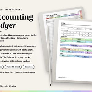 May include: A digital accounting ledger template for paper tablets featuring an index page with hyperlinked sections for a general journal, subledgers, and trial balance. The layout includes colorful tabs, 137 pages, and a stylus pen on the side.