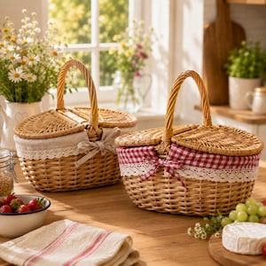Könnte beinhalten: Zwei ovale Picknickkörbe aus geflochtenem Weidengeflecht mit Klappdeckeln und gewölbten Griffen. Ein Korb hat ein beiges Stofffutter mit weißer Spitzenborte und Schleife, der andere ein rot-weiß kariertes Stofffutter mit weißer Spitzenborte.