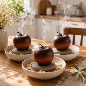 May include: Three round, dark brown wooden apple-shaped incense burners, each resting on a smooth gray stone inside a shallow white ceramic bowl filled with water and small white flower petals, with thin wisps of smoke rising from each apple.