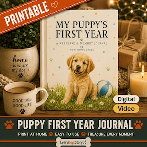 Op de afbeelding: Een hardcover dagboek met de titel My Puppy's First Year: A Keepsake & Memory Journal with Photo Pages. De kaft toont een golden retriever puppy zittend in groen gras met een blauw-witte bal, versierd met kleurrijke stippen en pootafdrukken.