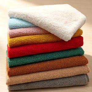 Könnte beinhalten: Ein Stapel aus zehn gefalteten, rechteckigen Stücken aus strukturiertem Sherpa-Stoff in verschiedenen Farben wie Weiß, Hellblau, Hellrosa, Gelb, Rot, Dunkelgrün, Braun, Beige und Grau, ordentlich übereinandergelegt mit einer weichen, flauschigen Oberfläche.