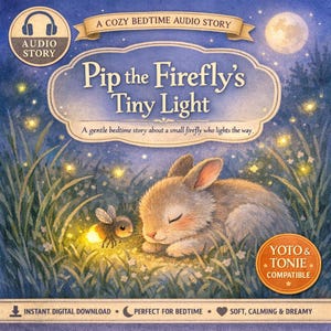 Può includere: Una copertina di audiolibro digitale intitolata Pip the Firefly's Tiny Light, che mostra un coniglio addormentato e una lucciola luminosa in un campo d'erba sotto la luna piena. L'illustrazione include etichette di compatibilità Yoto e Tonie.