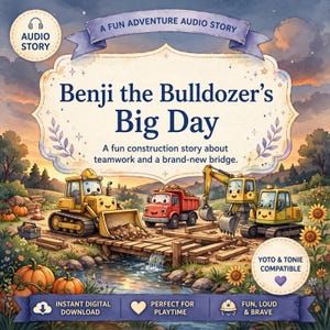 Puede incluir: Una ilustración digital cuadrada titulada Benji the Bulldozer's Big Day, que muestra una excavadora amarilla, un camión volquete rojo y una excavadora amarilla trabajando en un puente de madera. Incluye calabazas, girasoles y etiquetas de texto.