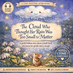 Può includere: Una copertina di storia audio digitale intitolata The Cloud Who Thought Her Rain Was Too Small to Matter, con una nuvola sorridente che piove su un piccolo topo in un campo di fiori. Include etichette compatibili con Yoto e Tonie.
