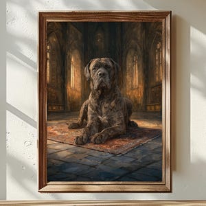 May include: A framed wall art print featuring a brindle Cane Corso dog lying down on an ornate patterned rug. The background depicts a dimly lit, stone-walled interior with arched windows and warm, golden light illuminating the scene.