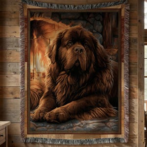 May include: A woven throw blanket featuring a detailed portrait of a large, fluffy brown Newfoundland dog resting in front of a glowing stone fireplace. The blanket has a decorative fringed border with a multi-colored pattern along the edges.