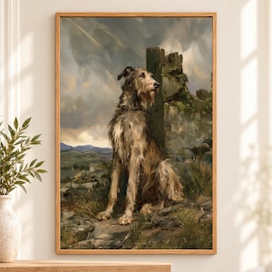 May include: A framed wall art print featuring an oil painting of a shaggy, tan and grey dog sitting upright in a grassy, rocky landscape. The dog is positioned next to a weathered stone pillar under a cloudy, overcast sky with distant hills.