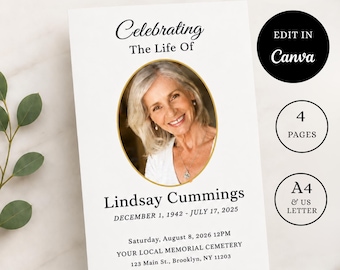 Editable Funeral Template | 4 Page Canva Memorial with Photo Collage | Celebration of Life | Obituary | Order of Service