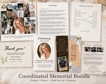 Funeral Template Bundle, Editable Canva Memorial Bundle, Funeral Program, Obituary, Bookmark & Thank You Card