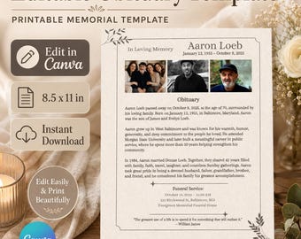 Editable Obituary Template | Funeral Memorial One Page | Canva | Celebration of Life Printable