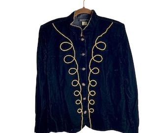 In Group Ltd VTG 80s 90s Chaqueta militar de terciopelo negro estilo soutache con ribete dorado, estilo gótico