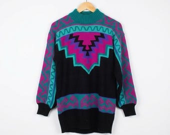 Suéter geométrico vintage de los años 80 de Ossi Skiwear en rosa, verde azulado y morado, de mezcla de lana estilo suroeste.