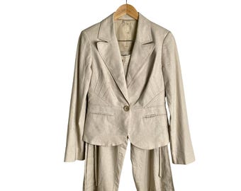 Vintage Cache Linen Blend Capri Suit Set: Lace-Up Pants, Beige Blazer (Size 6)