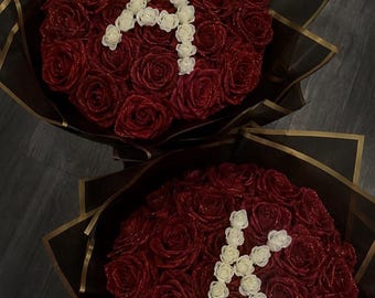 Luxury glitter Red Roses Bouquet with White Floral Initials A & X in Elegant Packaging for Special Occasions