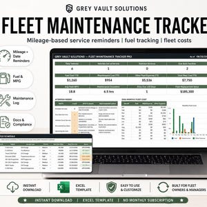 Może przedstawiać: Ekran laptopa wyświetlający program Grey Vault Solutions Fleet Maintenance Tracker Pro, zawierający tabele danych dotyczące stanu pojazdów, kosztów paliwa, rejestrów konserwacji i harmonogramów serwisowych. Interfejs zawiera wykresy miesięcznych kosztów floty oraz ikony dotyczące przebiegu, paliwa, konserwacji i dokumentacji.