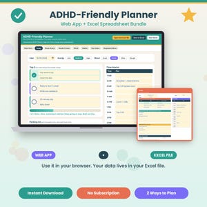 Könnte beinhalten: Ein digitales ADHD-Friendly Planner-Paket mit einer Web-App-Oberfläche auf einem Laptop-Bildschirm und einer Excel-Tabellenansicht. Das Layout enthält Bereiche für tägliche Aufgaben, Zeitblöcke, Energielevel und Stimmungsverfolgung.