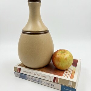 May include: A tan ceramic vase with a rounded body and a narrow neck featuring two dark brown horizontal bands. The vase sits on two stacked books titled The Politics of the Canoe and Snowshoe Country, next to a red and yellow apple.