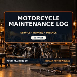 Peut inclure: Un document numérique de journal d'entretien de moto avec le texte MOTORCYCLE MAINTENANCE LOG, SERVICE • REPAIRS • MILEAGE, 13 PAGES, RUSTY PLANNING CO et INSTANT PDF DOWNLOAD. L'arrière-plan montre une moto noire dans un garage.