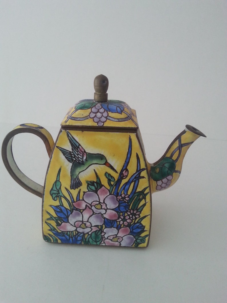 Kelvin Chen MIniature Teapot Enamel on Brass Hummingbird with Etsy