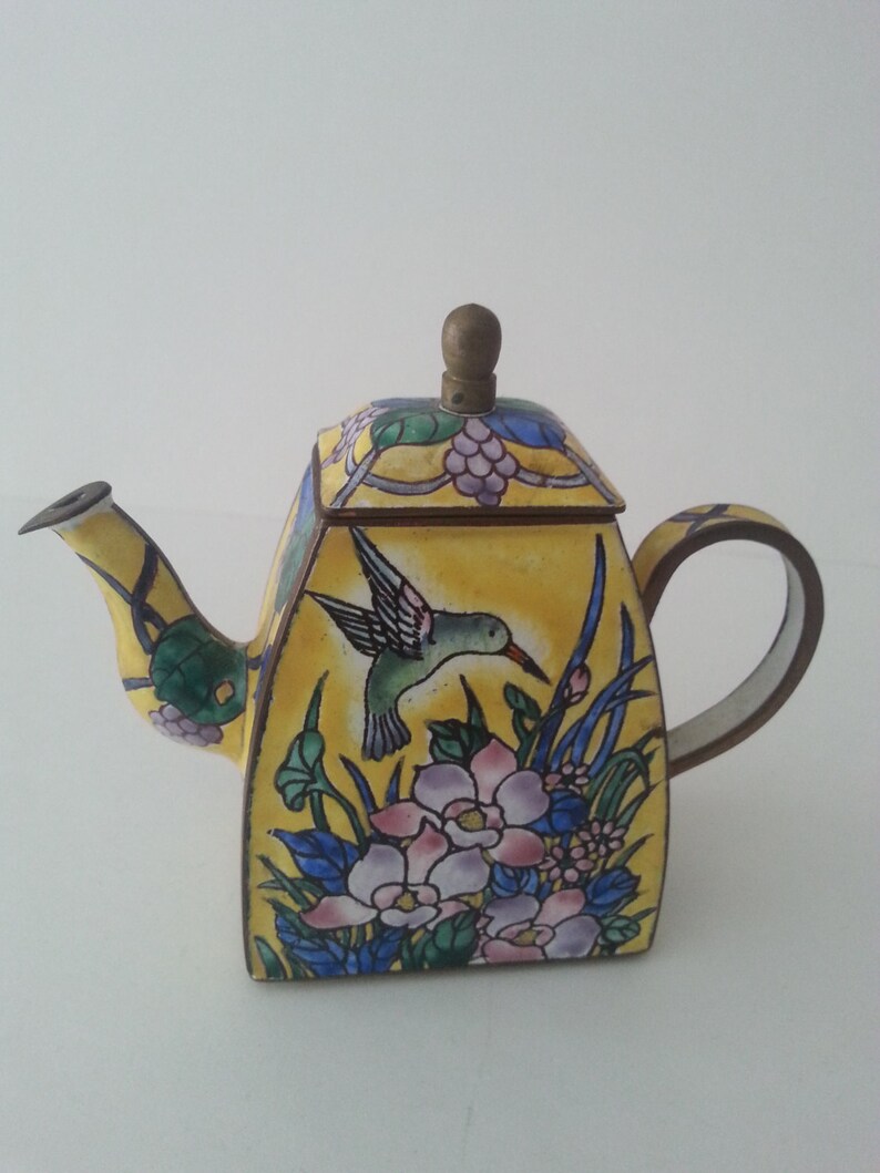 Kelvin Chen MIniature Teapot Enamel on Brass Hummingbird with Etsy
