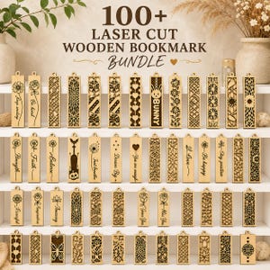 May include: A collection of rectangular wooden bookmarks featuring various laser-cut designs, including floral patterns, geometric shapes, and text such as "BUNNY," "Be kind," and "Dream Big." The bookmarks are arranged in rows on a white shelf.