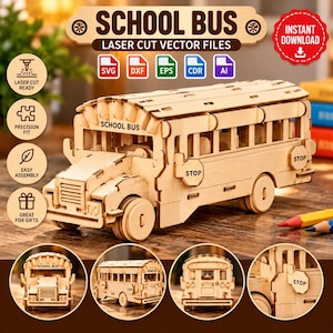 May include: A light-colored wooden 3D puzzle of a school bus with laser-cut details. The bus features a front hood, side windows, and a stop sign on the side. The text SCHOOL BUS is visible on the front, and STOP is on the side sign.