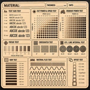 May include: A rectangular light-coloured wooden laser test board featuring various engraved grids and charts for calibration, including text size, cut power, engrave power, focus, crosshatch, line interval, kerf, material flex, and offset tests.