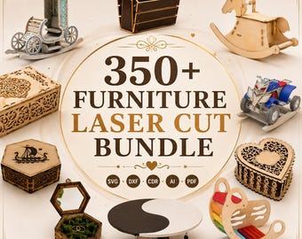 Puede incluir: Una colección digital de más de 350 archivos de corte láser para muebles, incluyendo modelos de madera como un carruaje, caballo mecedora, quad, cajas y una mesa yin-yang. El texto central dice 350+ FURNITURE LASER CUT BUNDLE con iconos SVG, DXF, CDR, AI, PDF.