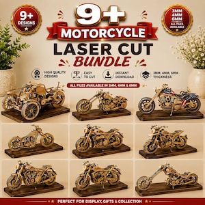 Puede incluir: Un paquete digital de 9+ diseños de motocicletas cortadas con láser que incluye kits de modelos de madera. El texto incluye 9+ DESIGNS, MOTORCYCLE LASER CUT BUNDLE y 3mm, 4mm, 6mm THICKNESS. La imagen muestra varios modelos de motos de madera ensamblados.