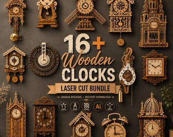 Puede incluir: Una colección de 16 diseños de relojes de madera cortados con láser que presentan varios estilos arquitectónicos, incluyendo motivos de cuco, molino y catedral. El texto central dice 16+ Wooden CLOCKS LASER CUT BUNDLE con iconos de archivos SVG, DXF, PNG, Ai y EPS.