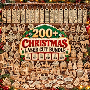 Puede incluir: Una gran colección de adornos y llaveros navideños de madera cortados con láser que presentan varios diseños festivos como copos de nieve, renos, árboles, belenes y muñecos de nieve, con un letrero central 200+ Christmas Laser Cut Bundle.