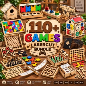Puede incluir: Una colección de juegos y rompecabezas de madera cortados con láser que incluye una casa para pájaros, un clasificador de formas, un juguete de apilar, una pistola de juguete, una casa de actividades, un rompecabezas tetris, un tablero de clavijas, tres en raya, un ajedrez, un avión, un laberinto y un juego de cuatro en línea.