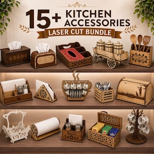 May include: A collection of laser-cut wooden kitchen accessories including tissue boxes, a spice wagon, utensil holders, napkin stands, a mug rack, a bread box, a paper towel holder, a spice organiser, a tea box, and a mug tree with various designs.