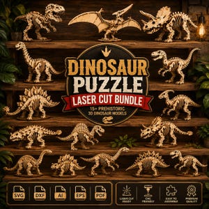 Op de afbeelding: Een collectie van 15 lasergesneden 3D houten dinosaurus puzzelmodellen op houten planken. Het centrale embleem bevat de tekst DINOSAUR PUZZLE LASER CUT BUNDLE 15+ PREHISTORIC 3D DINOSAUR MODELS. Iconen voor SVG, DXF, AI, EPS en PDF zijn inbegrepen.