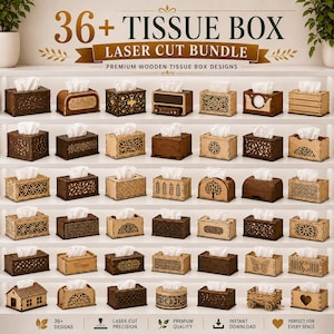 Puede incluir: Una pantalla digital que muestra más de 36 diseños de cajas de pañuelos de madera cortadas con láser en estantes. El texto dice 36+ TISSUE BOX LASER CUT BUNDLE PREMIUM WOODEN TISSUE BOX DESIGNS. Cada caja presenta patrones geométricos o florales.