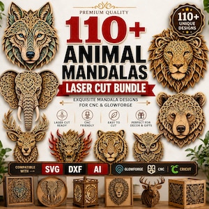 Puede incluir: Un paquete digital de más de 110 diseños de mandalas de animales para corte láser, con retratos detallados de lobo, león, elefante, oso, ciervo, dragón, tigre y búho. Incluye etiquetas de texto para compatibilidad con SVG, DXF, AI, Glowforge y CNC.