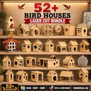 May include: A collection of 52+ laser cut wooden bird house models displayed on shelves. The set includes various architectural designs, circular exercise wheels, and structures with cutouts. Text reads 52+ BIRD HOUSES LASER CUT BUNDLE.