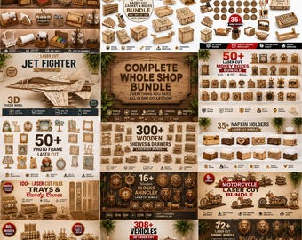 Puede incluir: Una colección digital de archivos de corte láser con diseños de madera que incluyen accesorios de cocina, cajas, posavasos, modelos de aviones de combate, marcos de fotos, estantes, cajones, relojes, modelos de motocicletas y arte de pared.
