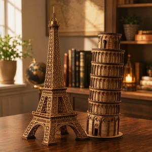 Peut inclure: Un modèle en bois brun de la tour Eiffel placé à côté d'un modèle en bois brun de la tour de Pise. Les deux structures présentent des détails complexes découpés au laser, avec des arches et un fini en grain de bois naturel apparent.