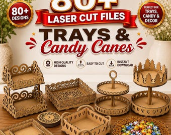Puede incluir: Una colección de archivos de corte láser para bandejas y bastones de caramelo con más de 80 diseños. La muestra incluye soportes de niveles, bandejas cuadradas con recortes de corazón, bandejas circulares y posavasos con patrones detallados.