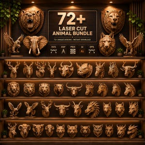 Paquete de más de 72 archivos SVG de animales cortados con láser: lobo, oso, león, tigre, dragón, elefante, ciervo, arte mural 3D; decoración mural de cabezas de animales en formato DXF Glowforge.