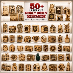 May include: A collection of over 50 laser-cut wooden money boxes displayed on illuminated shelves. The items feature various shapes including houses, animals, vehicles, and geometric designs. A central sign reads 50+ LASER CUT MONEY BOXES BUNDLE.